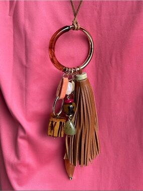 Chico's Brown Tassel & Bead Keyring with Amber Accent
